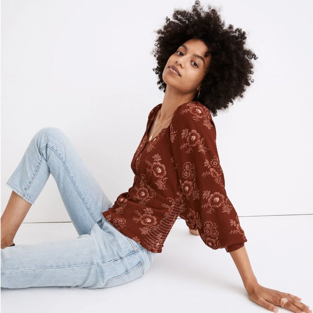 Madewell Preston Puff-Sleeve Top in Red Letterpress Floral Large